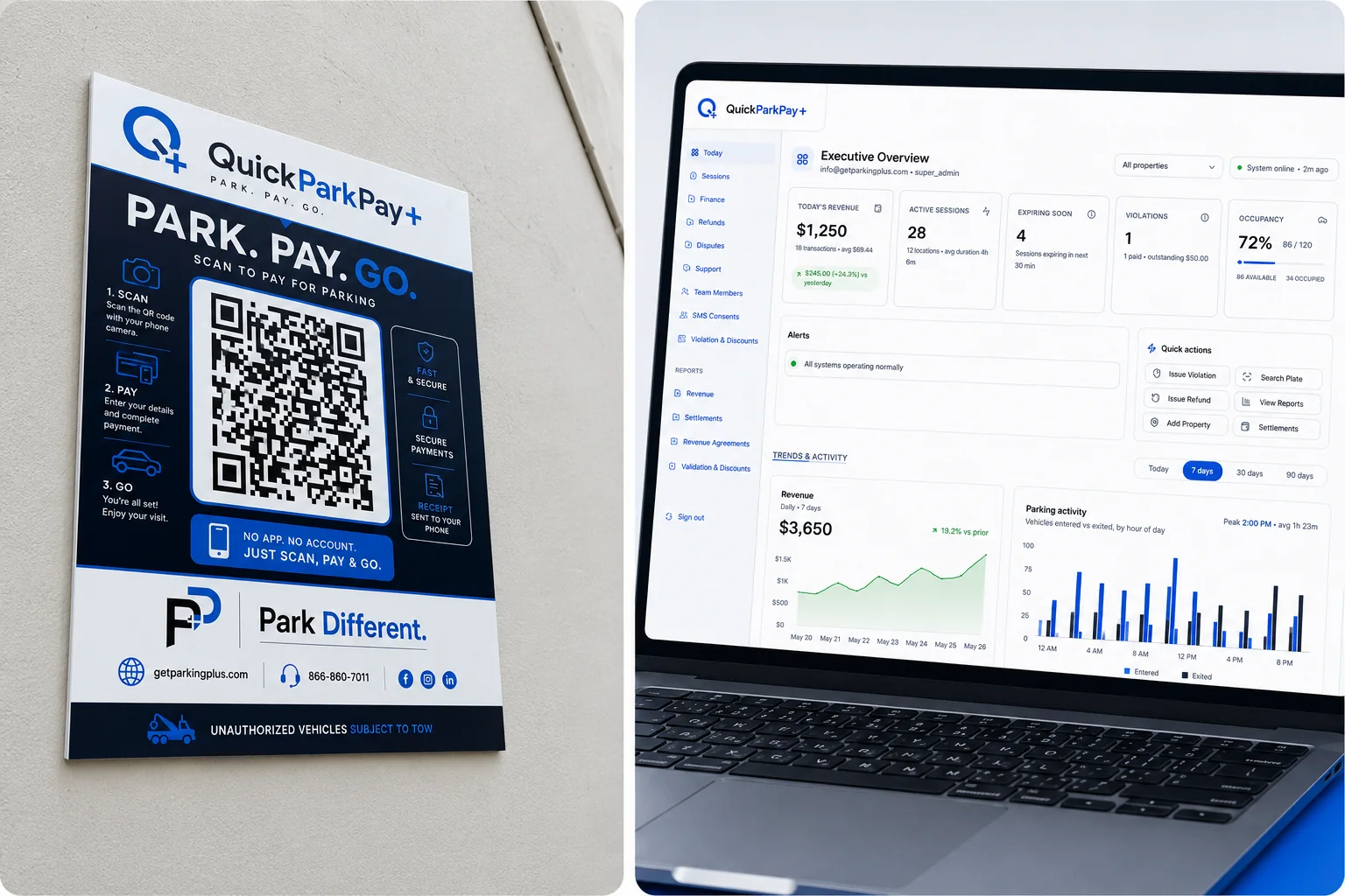 QuickParkPay+ QR payment sign beside the operations dashboard