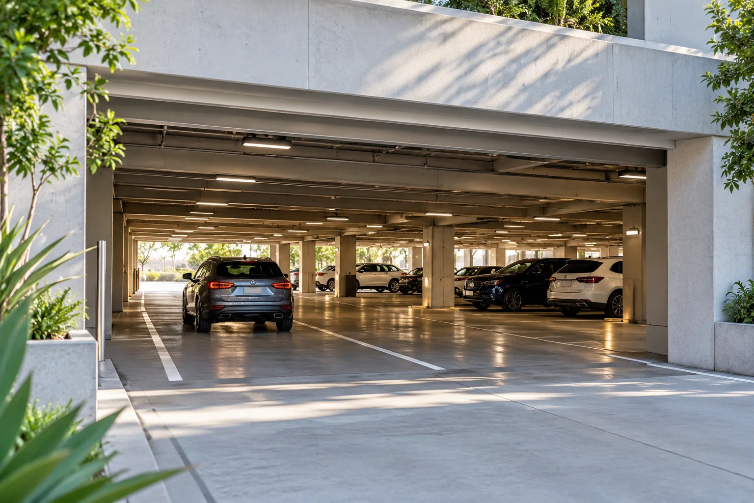 Open entrance to a modern gate-less commercial parking garage with cars inside.